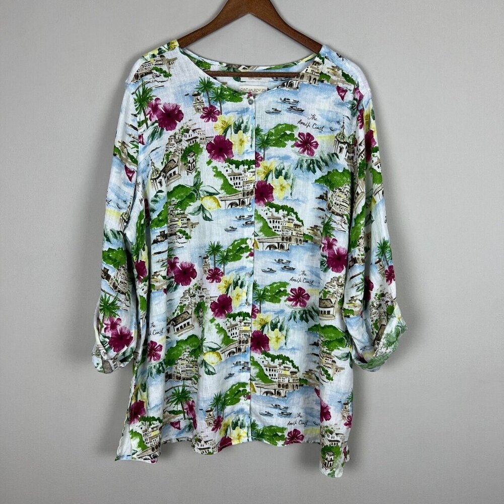 Cynthia Rowley Shirt 3X The Amalfi Coast Print Linen Collar Button Down Colorful